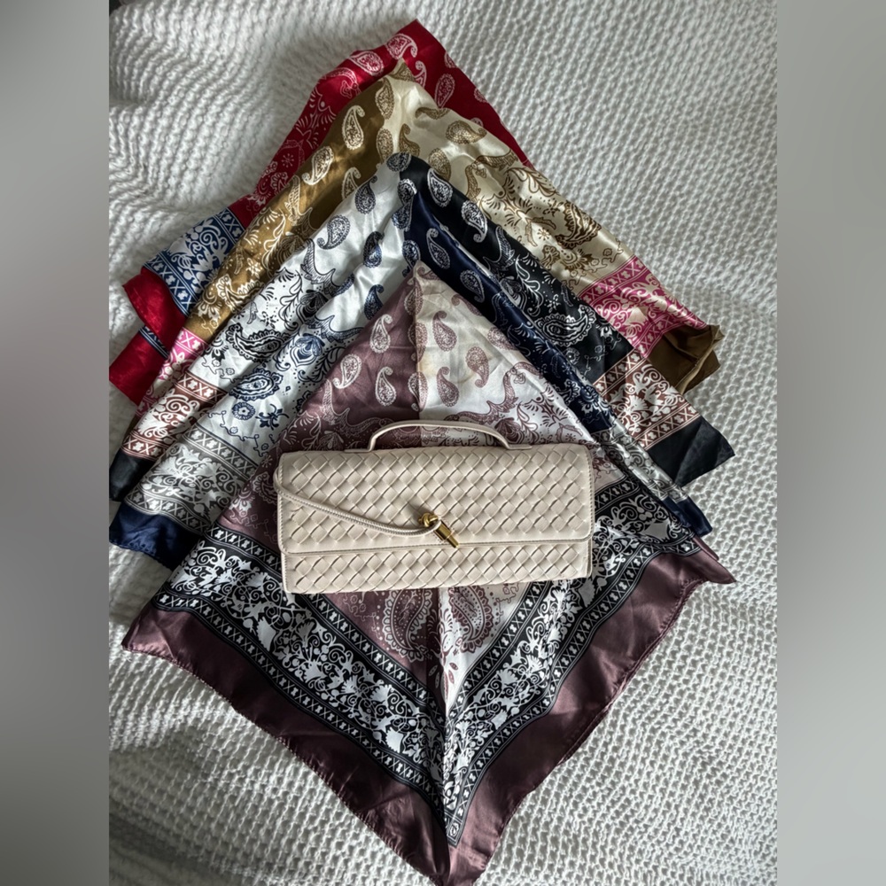 Elegant Cream Quilted Clutch + 4 Silk Scarves